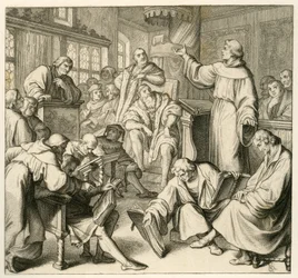 ヨハネス・エック（ヨハン・マイヤー・フォン・エック）博士（1486-1543）と議論するマルティン・ルター、ルター側にはフィリップ・メランヒトン（1497-1560）とカールシュタット（アンドレアス・ルドルフ・ボーデンシュタイン・フォン・カールシュタット）がいる。