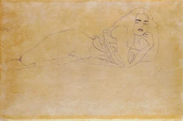 「右側に腹ばいになったヌード。腹ばいになった女性の肖像。グスタフ・クリムト（1862-1918）のデッサン