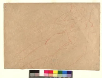 In einem Armsessel lehnender weiblicher Akt im Profil