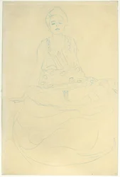 正面から半裸で着席、1907年頃（紙に鉛筆）