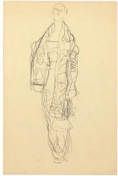 1914-16年頃、紙に鉛筆で描かれた「ケープをかぶった貴婦人」。