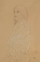 白いショールを持つ女性（紙に白と赤の色のチョークが付いた鉛筆）