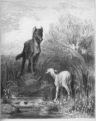 狼と子羊 - ジャン・ド・ラ・フォンテーヌ（ラフォンテーヌ）（1621-95）の『寓話』より - ギュスターヴ・ドレ（1832-83）に基づく版画 - 個人蔵