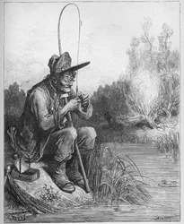 Le petit poisson et le pecheur - Jean de La Fontaine (Lafontaine) (1621-95)の「寓話」より - Gustave Dore (1832-83)の後のエングレービング - 個人蔵