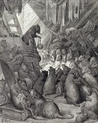 アントワーヌ・ヴァレリー・ベルトラン（b.1823）が1868年頃に彫った『ラ・フォンテーヌ寓話集』の「ネズミが開いた会議」（彫刻）。