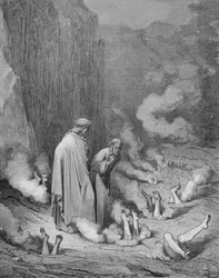 ダンテ・アリギエーリ（1265-1321）の「神曲」（インフェルノ）より「シモン派の懲罰」（1868年頃、ステファン・パンネメーカー（1847-1930）により彫られる）。