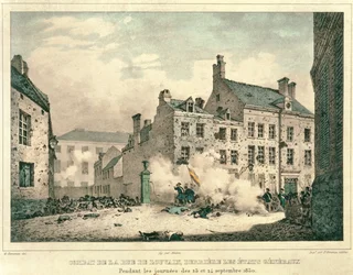 1830年9月23日から24日まで、ブリュッセルのブリュッセル通りで戦う、1830年9月23〜24日、ジャンバプティストマドゥ（1796-1877）によって彫刻