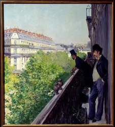 ギュスターヴ・カイユボット（1848-1894）による1880年のパリのバルコニーの絵 1880年 薄暗い。0,6x0,66 m 個人蔵 - 1880年のパリのバルコニー。ギュスターヴ・カイユボット（1848-1894）の絵画
