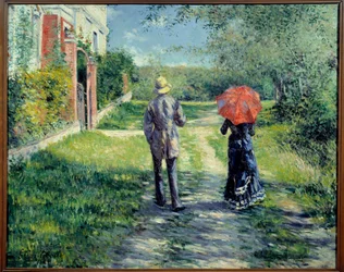 パスアップ。田園風景の中を歩くカップル。ギュスターヴ・カイユボット（1848-1894）の絵画