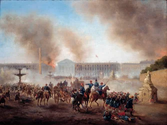 パリのコミューン：「コンコルド広場でのライムアウトの場面」ギュスターヴ・ブーランジェ（1824-1888）の絵画 日。0,49x0,64 m パリ、カルナヴァレ美術館。