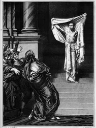 サン・セバスチャンとローマ皇帝マキシミアン・ヘラクレス（Marcus Aurelius Valerius Maximianus）（250～310年）。1877年のサロンで発表されたギュスターヴ・ブーランジェ（1824-1888）の絵画に基づくエングレーヴィング。