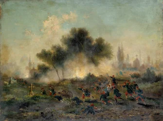 1870年の対プロイセン戦争。「1871年5月の正規軍による墓地の襲撃」 ギュスターヴ・ブーランジェ（1824-1888）の絵画 1871年 日0.49x0.65 m パリ、カルナヴァレ美術館