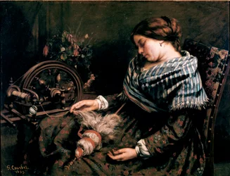 眠っている紡ぎ手 ギュスターヴ・クールベ（1819-1877）の絵画 1853年 薄暗い。91x115 cm モンペリエ、ファーブル美術館