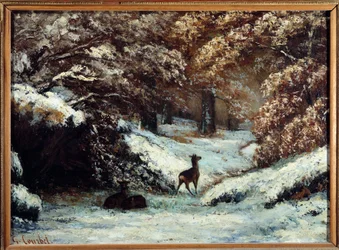 冬の鹿の出産 絵画：ギュスターヴ・クールベ（1819-1877） 1866年 日0,54x0,72 m リヨン、ボザール美術館（Musee des Beaux Arts