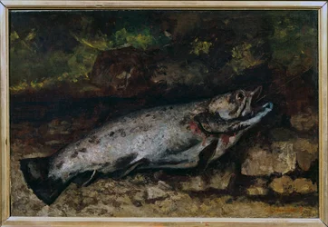 魚の鱒の静物画です。ギュスターヴ・クールベ（1819-1877）の絵画