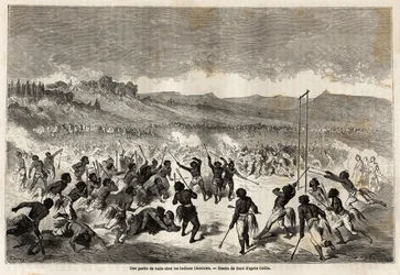 1853-54年にボードゥアン・モルハウゼン（1825-1905）が行った太平洋へのミシシッピ号の航海を説明するためにギュスターヴ・ドーア（1832-1883）が描いた、ミシシッピ地方の部族であるチョクトー族の球技の様子。Le tour du monde, nouveau j」に掲載されているエングレーヴィング。