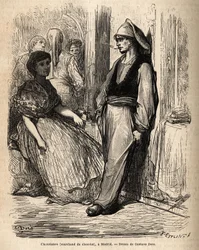 野外のチョコレート商人、マドリッドで撮影された生き生きとした姿のスケッチ。Gustave Dore（1832-1883）が1862年にCh.Davillier（編集者）と行ったスペイン旅行を説明するために描いたもので、1869年にEdouard Chartonが編集した「Le tour du monde」に掲載されています（Hach）。