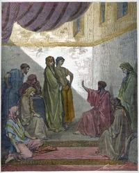 Baptim of the Centurion - 百人隊長コルネリウスはイエス・キリストの信仰を受け、聖ペテロからバプテスマを受けます。- Gustave Dore (1832-1883)の "The Bible illustree "に掲載された版画 - "The Dore Bible "に掲載された版画