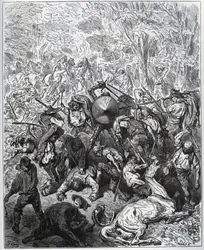 ラバ職人との戦い-ヤンゴイ族は棍棒を使っていた-ミゲル・セルバンテス（1547-1616）の「ドン・キホーテ・デ・ラ・マンチャ」（ドン・キホーテ）より-ギュスターヴ・ドーアの絵をもとにした木版画