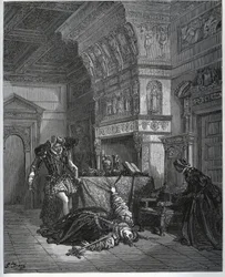 カミーユはロテールとレオネラの前で自殺を装う - ミゲル・セルバンテス（1547-1616）著『ドン・キホーテ・デ・ラ・マンチャ』より（『ドン・キホーテ』）- ギュスターヴ・ドレの素描に基づく木版画