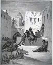 捕虜の話。捕虜が離反した捕虜に奉仕を求めるバッグン・ダルジェの中庭 - Miguel Cervantes (1547-1616) の "Don Quixote de la Mancha" (Don Quixote) より - Gustave Dore のデッサンに基づく木版画。