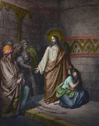 "Christ and the Adultere Woman" Gustave Dore (1832-1883) によるイラストレーション - Jesus and the Woman Taken in Adultery - Gustave Doreによるエングレーヴィング - 後に彩色されています。