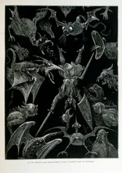 フランスの画家、版画家、挿絵画家であるギュスターヴ・ドーア（1832年～1883年）が1863年に描いた「クロック・ミテーヌ」。Croque-Mitaine（ブギーマン）とは、子供を怖がらせて賢くさせるために、子供に見せられる悪意のあるキャラクター。