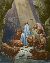 Daniel est jete dans la fonds aux lions - Daniel in the Den of Lions - Gustave Doreによるエングレーヴィング - 後に彩色される