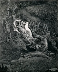 ダンテ・アリギエリ（1265-1321）作『神曲』第五番「インフェルノ」の挿絵、ギュスターヴ・ドーア（1832-1883）作、パオロとフランチェスカを従えたダンテとヴィルジル。