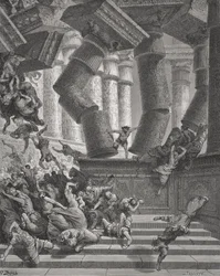 サムソンの死、裁判官26：28-30、G。ラルランテによって彫刻されたドアの「聖書」のイラスト、1866年（彫刻）