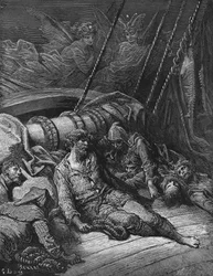 南極の精霊の二人の仲間の精霊が、船乗りがアホウドリを殺した罪を十分に償ったかどうかを論じる場面 - S・T・コールリッジ『老水夫行』より、ハーパー＆ブラザーズ刊、ニューヨーク