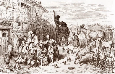 ドン・キホーテは隣人のサンチョ・パンサを従者にするよう説得 ギュスターヴ・ドレ (1832-1883) による「L