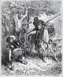 ドン・キホーテは若い従者の味方をする-「我々を活気づける太陽によって、誰が私の体に刃を通さないようにしているのかわからない」-ミゲル・セルバンテス（1547-1616）の「Don Quixote de la Mancha」（ドン・キホーテ）より-Gustaの描いた絵の後に木版で描かれている。