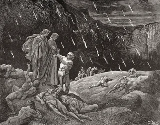 ギュスターヴ・ドーア1832-1883年フランスの画家、挿絵画家によるダンテ・アリギエーリ『地獄篇』カント15章28行目と29行目のための版画。