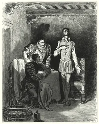 Gustave Dores Don Quixote: "彼は紳士たちに、彼女が魔法にかけられたという一部始終を話した"(エングレーヴィング)