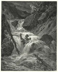 Gustave Dores Don Quixote: "なけなしの力で彼を断崖絶壁に突き落とし、そこに置き去りにした"（エングレーヴィング