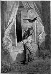 ギュスターヴ・ドーレ（1832-1883）によるエドガー・アラン・ポーの短編小説『大鴉』の挿絵。このシリーズはドールが没年である1883年に完成させたもので、したがって彼の最も新しい作品のひとつである-。