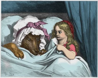 シャルル・ペロー（1628-1703）作「赤ずきんちゃん」の挿絵。ギュスターヴ・ドーレ（1832-1883）によるエングレーヴィング。