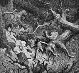 ルドヴィコ・アリオスト（アリオステ）（1474～1533）作『激怒するロラン』（オルランド・フュリオーソ）の挿絵：怒り狂ったロランが森と動物を破壊する。ギュスターヴ・ドレの絵。聖歌24番