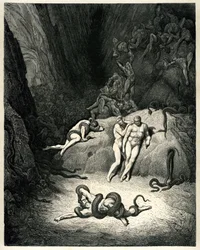 ダンテ・アリギエーリ著、ギュスターヴ・ドーレ挿画『地獄』（La divina commedia）。アシェット版1861年。ピエール＝アンジェロ・フィオレンティーノによるフランス語訳。"他の二人も、そして彼女も......グリダーヴァ：私よ、アネル、来てください！(他の二人は彼を見て