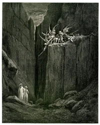 ダンテ・アリギエーリ著、ギュスターヴ・ドーレ挿画『地獄』（神曲）。アシェット版1861年。Pier-Angelo Fiorentinoによるフランス語訳。Dante et Virgile face aux Demons: Appena furo i pie suoi giunti al letto - Del fondo giu, ch