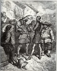 Maese Pedro and the fortune-telling apeak - from "Don Quixote de la Mancha" by Miguel Cervantes (1547-1616) (Don Quixote) - Gustave Doreのドローイングに基づく木版画。