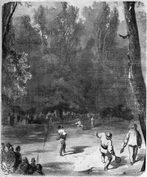 1868年、パリのリュクサンブール公園のヤシの木奏者たち - Gustave Doreの絵