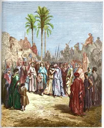 ヤコブとエサウの和解 - ヤコブとエサウの和解 Genese, XXXIII, 4 - - Gustave Dore (1832-1883) の "The Bible illustree" からのエングレーヴィング - "The Dore Bible" からのエングレーヴィング