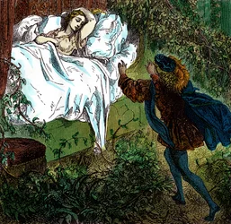 「眠れる森の美女」 美しい眠り姫に近づくチャーミング王子。ギュスターヴ・ドーレ（1832-1883）による、シャルル・ペロー（1628-1703）の「Les tales」のためのエングレーヴィング。