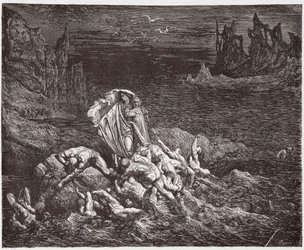 神曲』（La Divina Commedia, La Divine Comedie）『インフェルノ』第7番：ヴァージルがダンテに三途の川の怒りの魂を見せる-ダンテ・アリギエリ（1265-1321）作-ギュスターヴ・ドーア（1832-1883）挿絵