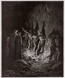 神曲』（La Divina Commedia, La Divine Comedie）、『プルガトリオ』（Purgatorio）、第25番、7つ目の円の中の火の中を欲望のままに通過する-ダンテ・アリギエリ（1265-1321）作-ギュスターヴ・ドーア（1832-1883）挿絵