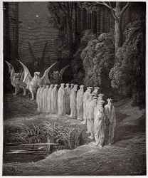 神曲』（La Divina Commedia, La Divine Comedie）、『プルガトリオ』（Purgatorio）、カント29：終末論的な行列をする24人の長老たち - ダンテ・アリギエリ（1265-1321）作 - ギュスターヴ・ドーア（1832-1883）絵