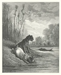 ラ・フォンテーヌの寓話：二匹の犬と死んだ驢馬（エングレーヴィング）