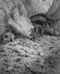 前進です。前の十字軍の死者と出会う十字軍の軍隊 - ギュスターヴ・ドレの版画